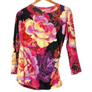 Dries Van Noten Floral Graphic Print Top Cotton 3/4 Sleeve Side Gather Size L